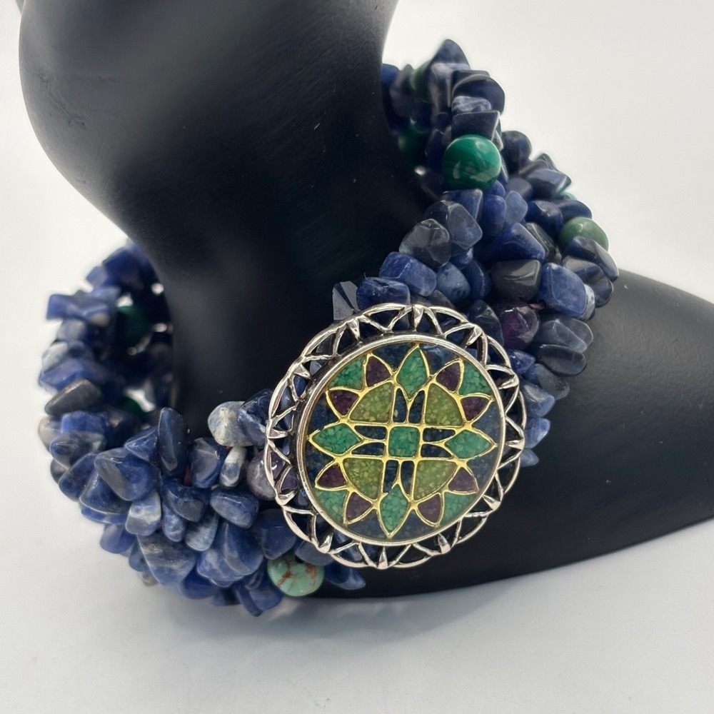 Vintage CAROLYN‎ POLLACK RELIOS Mosaic Stretchy Bracelet 925 Sodalite Cluster